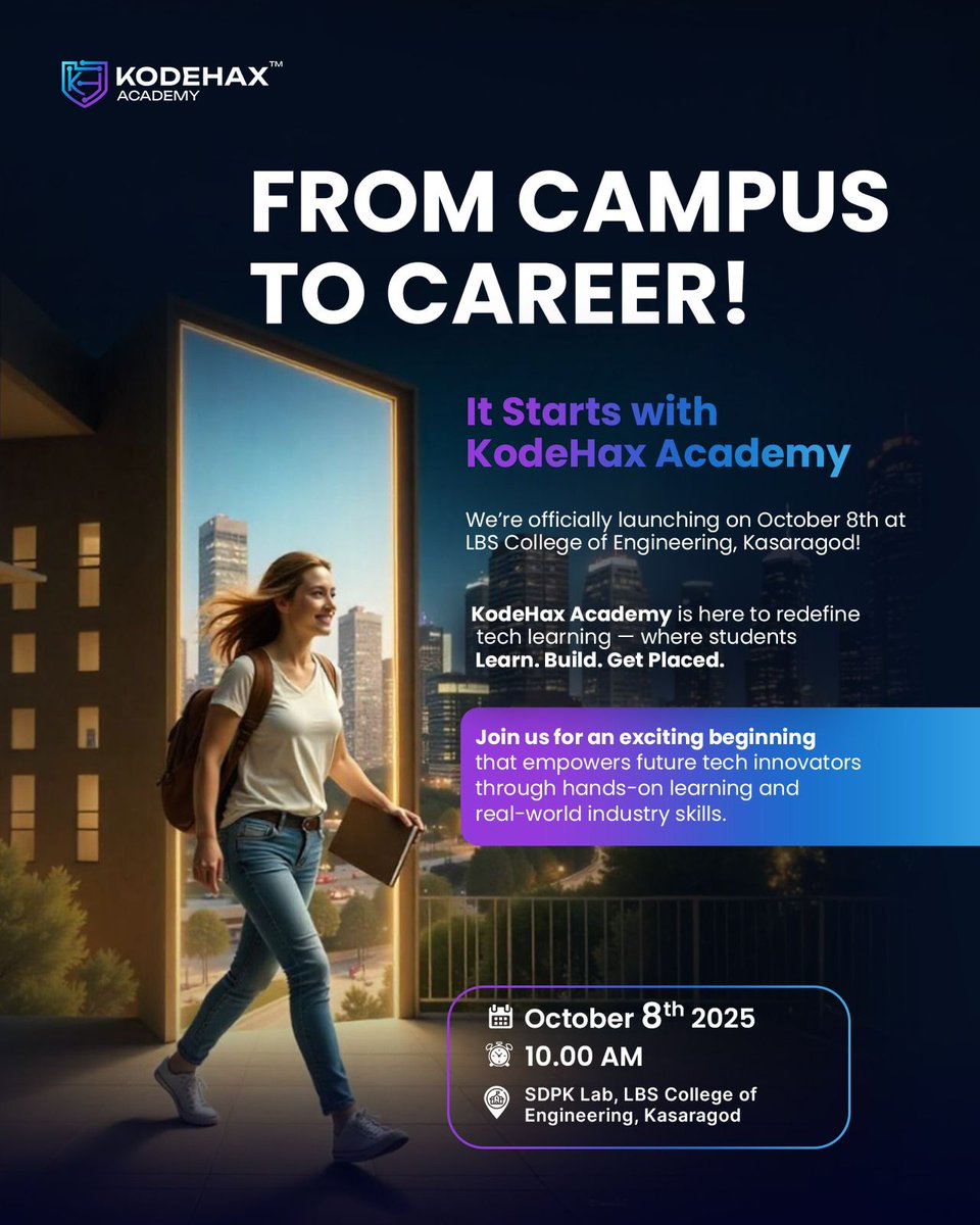 lbsiedc's tweet photo. 📣 Big News!
We’re thrilled to announce the launch of KodeHax Academy
SDPK Lab, LBS College of Engineering, Kasaragod
 October 8th, 10:00 AM
Join us as we kickstart a new era of tech learning!
 Learn. Build. Get Placed.
 Think Tech. Think KodeHax Academy
Don’t miss the launch🚀 https://t.co/7kzYSoB3CY
