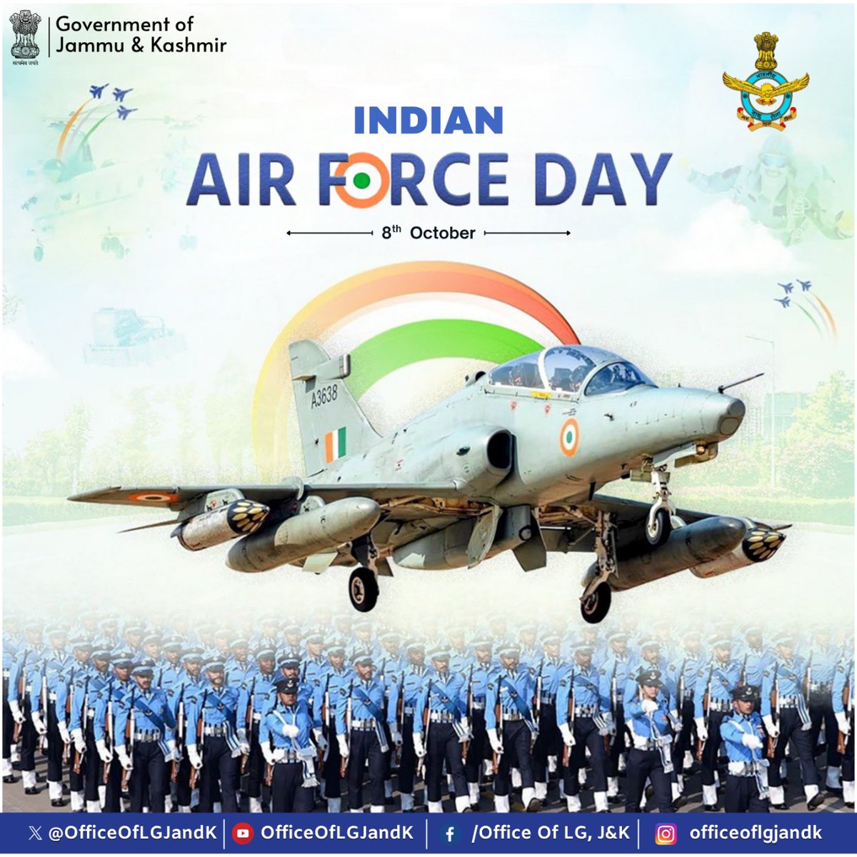 OfficeOfLGJandK's tweet image. On Air Force Day, greetings to all @IAF_MCC personnel &amp;amp; their families. The courage, precision &amp;amp; professionalism displayed by our air warriors in every mission is truly exemplary. Whole nation salutes their selfless service in safeguarding our skies &amp;amp; aiding humanitarian efforts.
