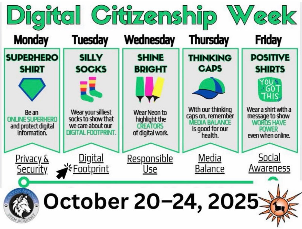Canyon Springs STEM Academy (@canyonspringsdv) on Twitter photo Let's show our Wolfpack pride for Digital Citizenship Week - Oct 20-24! Dress up each day and celebrate being smart, kind, and safe online! <a href="/DVUSD/">Deer Valley Unified School District</a>
#digitalcitizenship #ailiteracy Let's show our Wolfpack pride for Digital Citizenship Week - Oct 20-24! Dress up each day and celebrate being smart, kind, and safe online! <a href="/DVUSD/">Deer Valley Unified School District</a>
#digitalcitizenship #ailiteracy