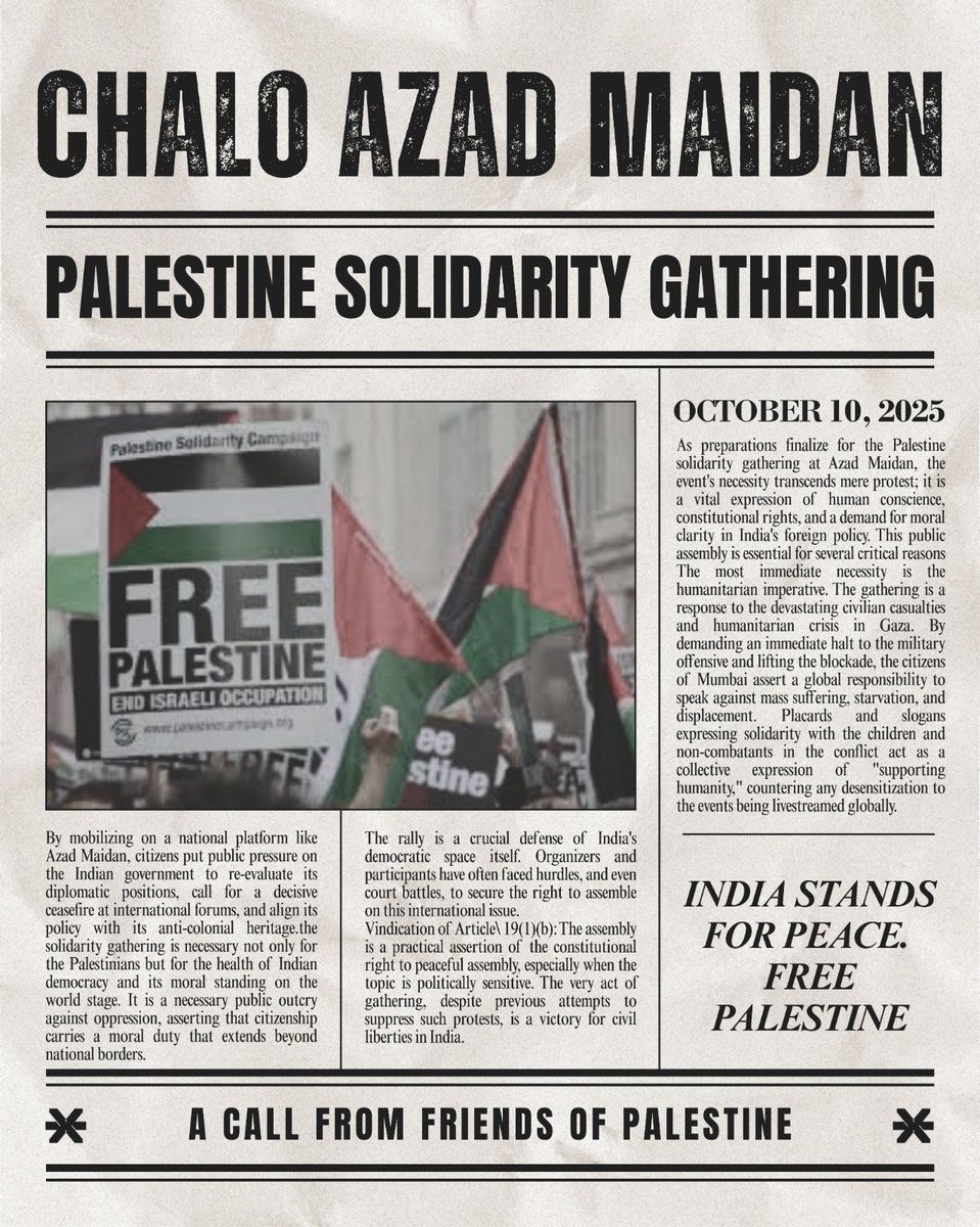 When humanity calls, we must answer. ​It's a call to action for the health of Indian democracy and its moral standing on the world stage, extending our solidarity beyond borders. 
.
10 October | Friday | 3 pm | Azad Maidan

#Palestine #IndiawithPalestine #AzadMaidan