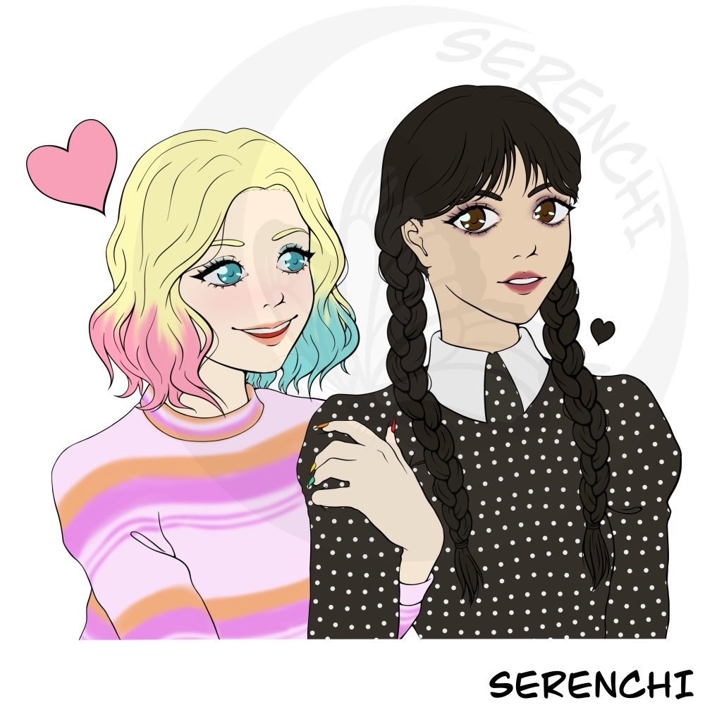 Serenchi's tweet photo. Lines and flats for Wednesday and Enid are done!!! \o/
I think I’m happy but I might alter somethings. Hopefully I can finish shading in a day or two. https://t.co/WFv2nYhjGf