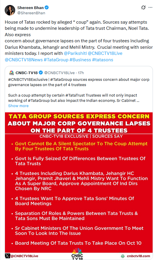 manurishiguptha's tweet photo. The Karmic Reckoning in Business: A Philosophical Plea to the Tata Group

The very foundation of a great enterprise rests not just on profit, but on ethical reciprocity, a concept mirroring the philosophical law of Karma - (you reap what you sow) or Dharma.

The Tata Group's storied rise owes much to the Shapoorji Pallonji Group's pivotal bailout in 1991, a lifeline of faith amid crisis that forged an alliance spanning over a century. 

Today, as the SP Group faces financial strain, while the Tata Group thrives with an 18.4% stake held by SP, their inability to unlock value from this substantial, illiquid minority holding appears as 'a stifling of a historical savior'. 

This impasse creates a governance shadow that risks tainting the celebrated ethical bedrock of the ~$180 billion Tata empire.
Empires endure not by might alone, but by honoring the hands that steadied them.

For the Tata Group, such an action is a profound investment in its own enduring legacy, proving that its famed ethical charter extends to all stakeholders, especially a long-term partner - The SP Group. 

Neglecting this reciprocal duty risks invoking a karmic debt that even the largest empires cannot withstand.

The strength of an institution is truly tested when it honors its past.