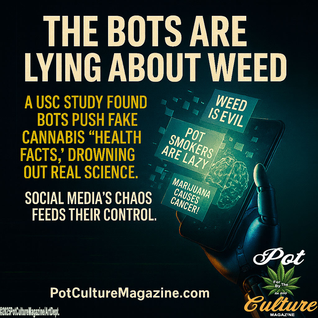 PotCultureMag's tweet photo. Bots flood social media with fake cannabis facts. A USC study found they outnumber real science posts while platforms look away. Don’t fall for digital propaganda.
#PotCultureMagazine #PCA #WeedTruth #CannabisCulture #420Community #Cannabis #SocialMedia #CannabisLies #Propaganda https://t.co/enSWBTPn97