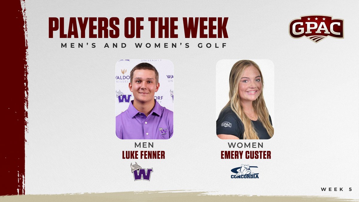 Great Plains Athletic Conference (@gpacsports) on Twitter photo GOLF: Week 5 Honors -
(Men) Luke Fenner of <a href="/WaldorfWarriors/">Waldorf Athletics</a>
(Women) Emery Custer of <a href="/cunebulldogs/">Concordia Bulldogs</a>
Complete Release:
tinyurl.com/gpacgolf05 GOLF: Week 5 Honors -
(Men) Luke Fenner of <a href="/WaldorfWarriors/">Waldorf Athletics</a>
(Women) Emery Custer of <a href="/cunebulldogs/">Concordia Bulldogs</a>
Complete Release:
tinyurl.com/gpacgolf05