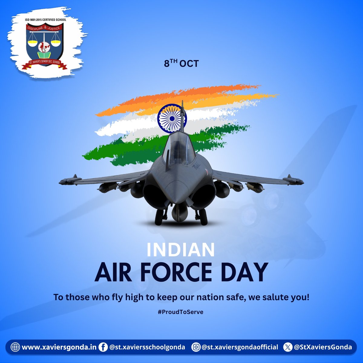 StXaviersGonda's tweet photo. Wings of glory, defenders of our freedom. Happy Indian Air Force Day!

#TouchTheSkyWithGlory #IndianAirForceDay #WingsOfGlory #DefendersOfFreedom #AirForcePride #IndianAirForce #JaiHind #ProudToServe #GloryInTheSky #ProudIndian https://t.co/9OWub3D1PD