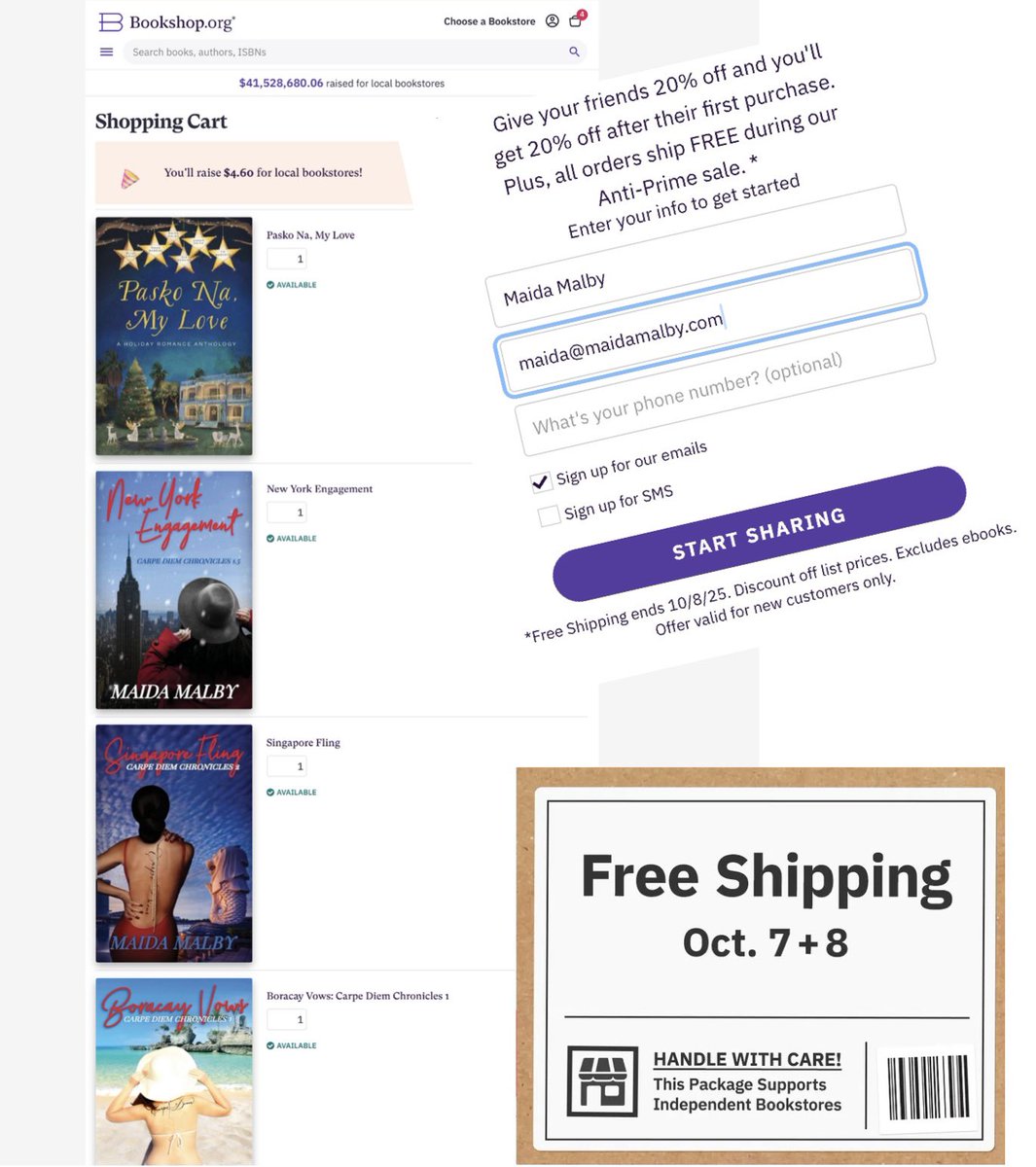 MaidaMalby's tweet image. Whether you’re #prime or #antiprime you can order my #paperbacks between Oct 7-8 and enjoy deep #discounts and #freeshipping 🛒 

Get 20% off for yourself and your friends from bookshop.org and raise $$ for local bookstores when you order.  

#filtheshelves