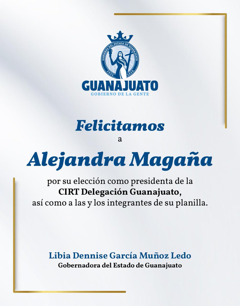 🎙️ Felicito a <a href="/alejmagana/">Ale Magaña</a> por su nombramiento como Presidenta de la CIRT Guanajuato, así como a los integrantes de su planilla.

Su liderazgo fortalecerá la comunicación responsable, la libertad de expresión y el compromiso social que distingue a los medios de nuestro estado. Mi