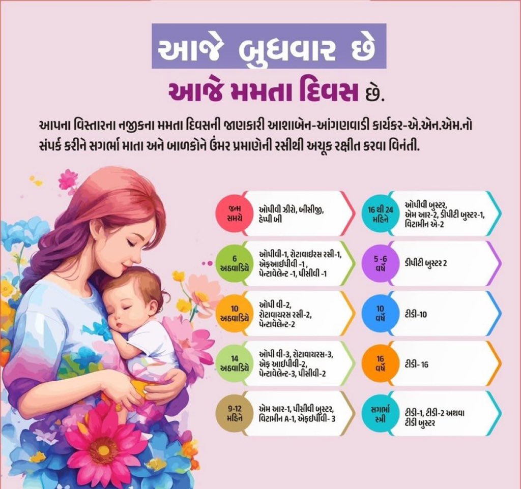Cdho_Vadodara's tweet image. આજે બુધવાર છે.આજે મમતા દિવસ છે.આપણા નજીકના આયુષમાન આરોગ્ય કેન્દ્ર પર જઈને સગર્ભા માતા અને બાળકો ને ઉંમર પ્રમાણે રસી મુકાવો.
@CollectorVad
@ddo_vadodara
@Info_Vadodara
@HealthDeptGuj