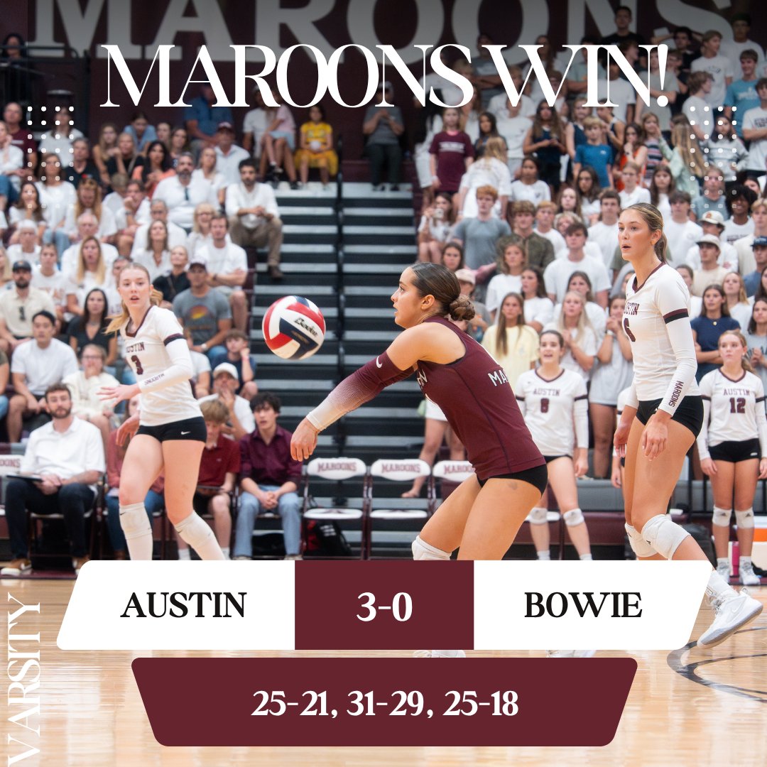 AustinHighVball's tweet photo. Maroons win! Austin finishes with a program sweep over Bowie on Middle School Night. Thank you to all the #FutureMaroons who came out. We can't wait to see you in Maroon!
#GoMaroons #LoyalForever #ahsvball #txhsvb #volleyball https://t.co/MJmUvqk4RS