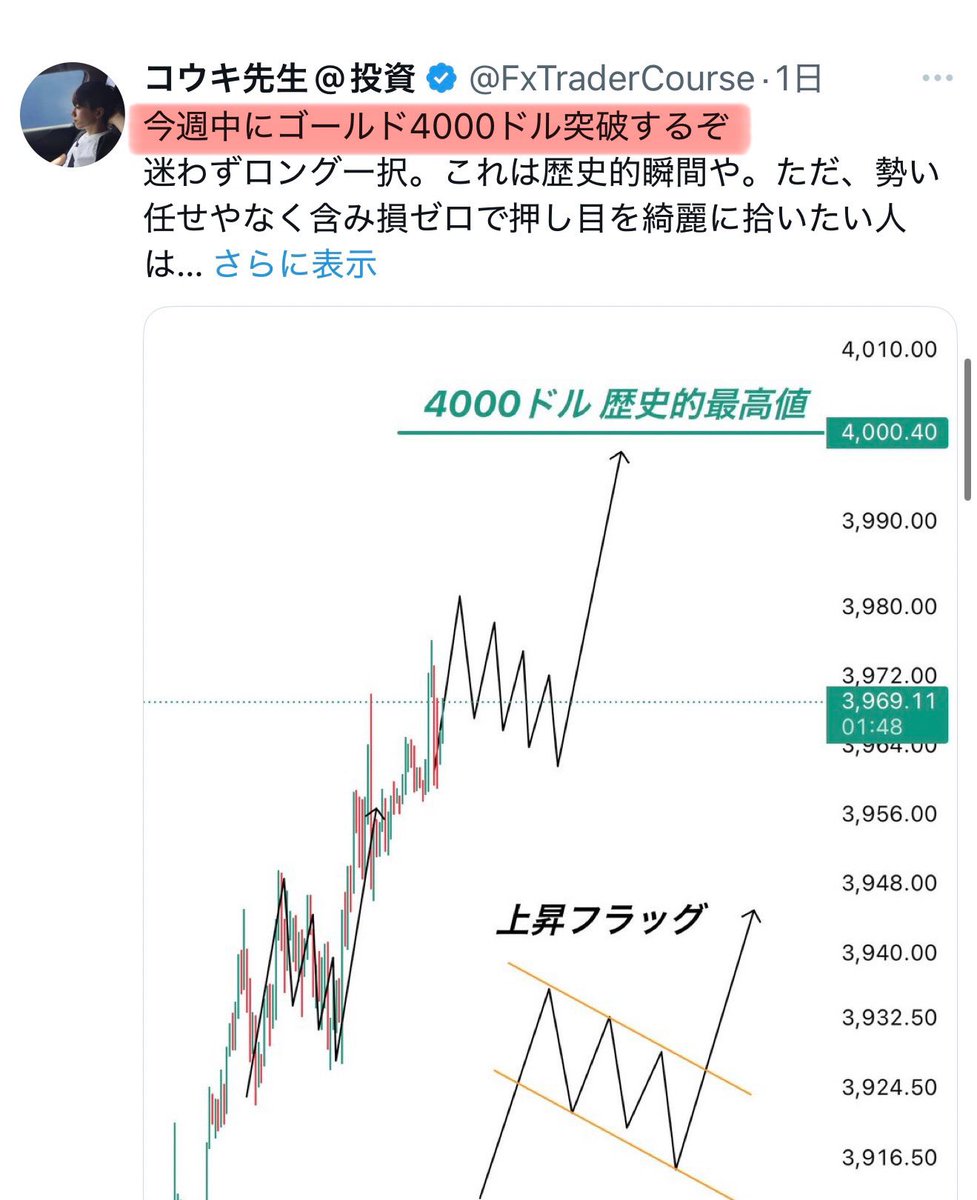 FxTraderCourse's tweet image. な、今週中に4000ドル行ったやろ。
昨日の宣言から1日で400pips上昇!!!!
さぁ、次の予言は……