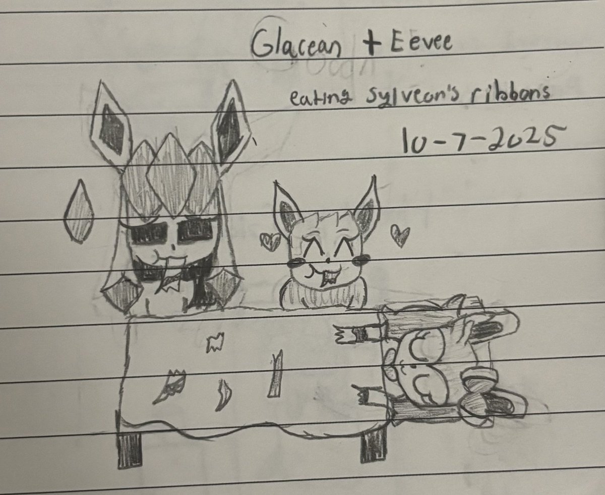 fresh_471_snow's tweet photo. Glaceon and Eevee eat Sylveon’s ribbons while she sleeps
#glaceon #eeveevolution #art https://t.co/feYrU1McgS