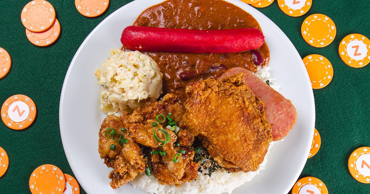 Zippys's tweet image. We're all in with this pac 🤤 Five of Hawaii's favorite foods, all on one plate. Sample 'um at all Zippy's locations until October 26!