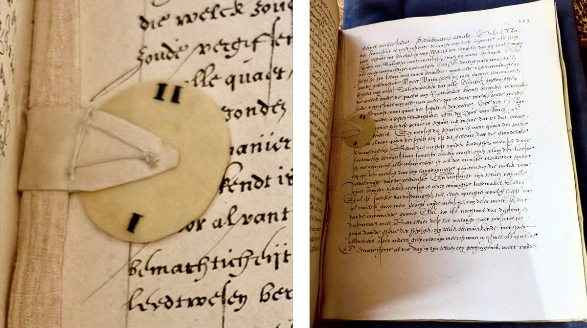Een vraag voor #bibliofielen en #codicologen 📚
In dit Nederlandse manuscript met preken (#sermoenen) uit de 17e eeuw 📖
zit een lint met een wieltje waarop de cijfers I en II staan 📌
Komt dit vaker voor? 🧐
Waartoe zou het dienen of functioneren?