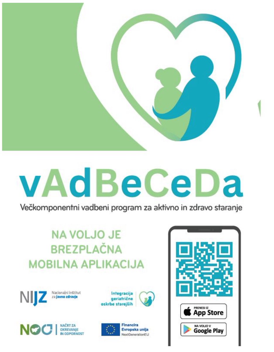 AnaStruc's tweet image. Brezplacna aplikacija VadBeCeDa omogoča, da si sestavite vadbeni program po svoji meri – z gibi, ki so prijetni, varni in prilagojeni vašim zmožnostim. @NIJZ_pr 

➡️ Aplikacijo lahko poiščete v trgovini z aplikacijami pod imenom “VadBeCeDa” ali jo prenesete preko QR kode  👉