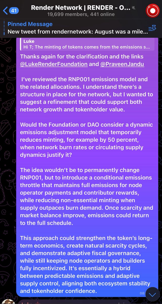 TradesTyr's tweet photo. Had a conversation with $Render Network support on Telegram about their token minting and burn mechanics. They explained that minting follows the RNP-001 emissions schedule, while burning happens when jobs are completed. Emissions fund node operators, contributor rewards, grants, and foundation operations. Minting is not profit for the foundation. Its part of the network’s design.

Based on this, I proposed a conditional emissions throttle rather than permanently changing RNP-001:
•Maintain full emissions for node operators and contributors
•Reduce non-essential minting when supply outpaces burn
•Revert to full emissions once scarcity and market balance improve

The key benefits of this approach:
1.Supports foundation operations and network growth
2.Gradually reduces token supply, creating natural scarcity
3.Increases demand and token price due to scarcity
4.Aligns the interests of holders, node operators, and contributors
5.Demonstrates adaptive and responsible governance

I’ve suggested this idea be put forward for the RNP process so the community and foundation can review. This approach could be a win-win: the foundation continues operations, token supply becomes more strategic, and holders benefit from scarcity and aligned incentives.

Can someone please bring this to @JulesUrbach and @rendernetwork attention? $RNDR