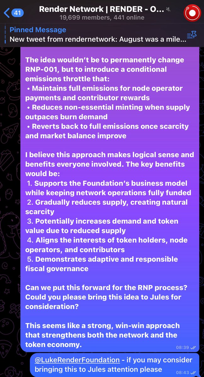 TradesTyr's tweet photo. Had a conversation with $Render Network support on Telegram about their token minting and burn mechanics. They explained that minting follows the RNP-001 emissions schedule, while burning happens when jobs are completed. Emissions fund node operators, contributor rewards, grants, and foundation operations. Minting is not profit for the foundation. Its part of the network’s design.

Based on this, I proposed a conditional emissions throttle rather than permanently changing RNP-001:
•Maintain full emissions for node operators and contributors
•Reduce non-essential minting when supply outpaces burn
•Revert to full emissions once scarcity and market balance improve

The key benefits of this approach:
1.Supports foundation operations and network growth
2.Gradually reduces token supply, creating natural scarcity
3.Increases demand and token price due to scarcity
4.Aligns the interests of holders, node operators, and contributors
5.Demonstrates adaptive and responsible governance

I’ve suggested this idea be put forward for the RNP process so the community and foundation can review. This approach could be a win-win: the foundation continues operations, token supply becomes more strategic, and holders benefit from scarcity and aligned incentives.

Can someone please bring this to @JulesUrbach and @rendernetwork attention? $RNDR