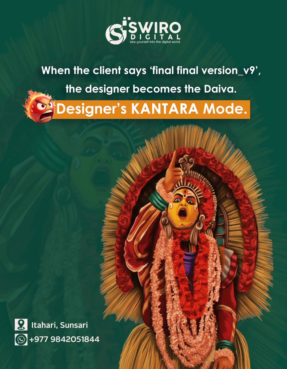 SwiroDigital's tweet image. 𝐂𝐥𝐢𝐞𝐧𝐭: ‘𝐉𝐮𝐬𝐭 𝐚 𝐭𝐢𝐧𝐲 𝐜𝐡𝐚𝐧𝐠𝐞...’
𝐃𝐞𝐬𝐢𝐠𝐧𝐞𝐫: 𝐬𝐡𝐞𝐝𝐬 𝐨𝐧𝐞 𝐥𝐚𝐬𝐭 𝐭𝐞𝐚𝐫, 𝐨𝐩𝐞𝐧𝐬 𝐏𝐡𝐨𝐭𝐨𝐬𝐡𝐨𝐩, 𝐚𝐧𝐝 𝐚𝐜𝐭𝐢𝐯𝐚𝐭𝐞𝐬 𝐊𝐀𝐍𝐓𝐀𝐑𝐀 𝐌𝐨𝐝𝐞.🔥💀💻
#Swiro #swirodigital #DesignerVsClient #KantaraMode #SwiroDigital #GraphicDesignNepa