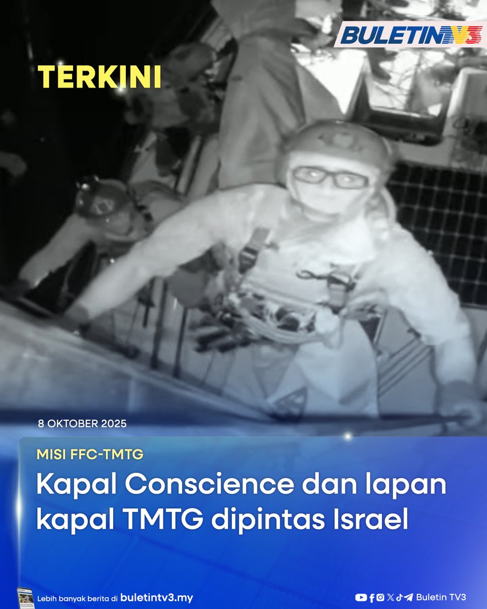BuletinTV3's tweet photo. TERKINI | Kapal Conscience dan lapan kapal layar dalam misi kemanusiaan Freedom Flotilla Coalation – Thousand Madleen To Gaza telah dipintas tentera Israel ketika berada kurang 130 batu nautika dari Gaza sebentar tadi.

#BuletinTV3 #BeritaTerkini #KapalConscience #TMTG #FreedomFlotilla #DipintasIsrael #Gaza #MisiKemanusiaan