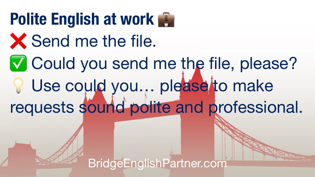 BrEngPartner's tweet image. Polite English at work 💼
❌ Send me the file.
✅ Could you send me the file, please?
💡 Use could you… please to make requests sound polite and professional.

BridgeEnglishPartner.com

#BusinessEnglish #PoliteEnglish #EnglishTips #LearnEnglish #BridgeEnglishPartner
