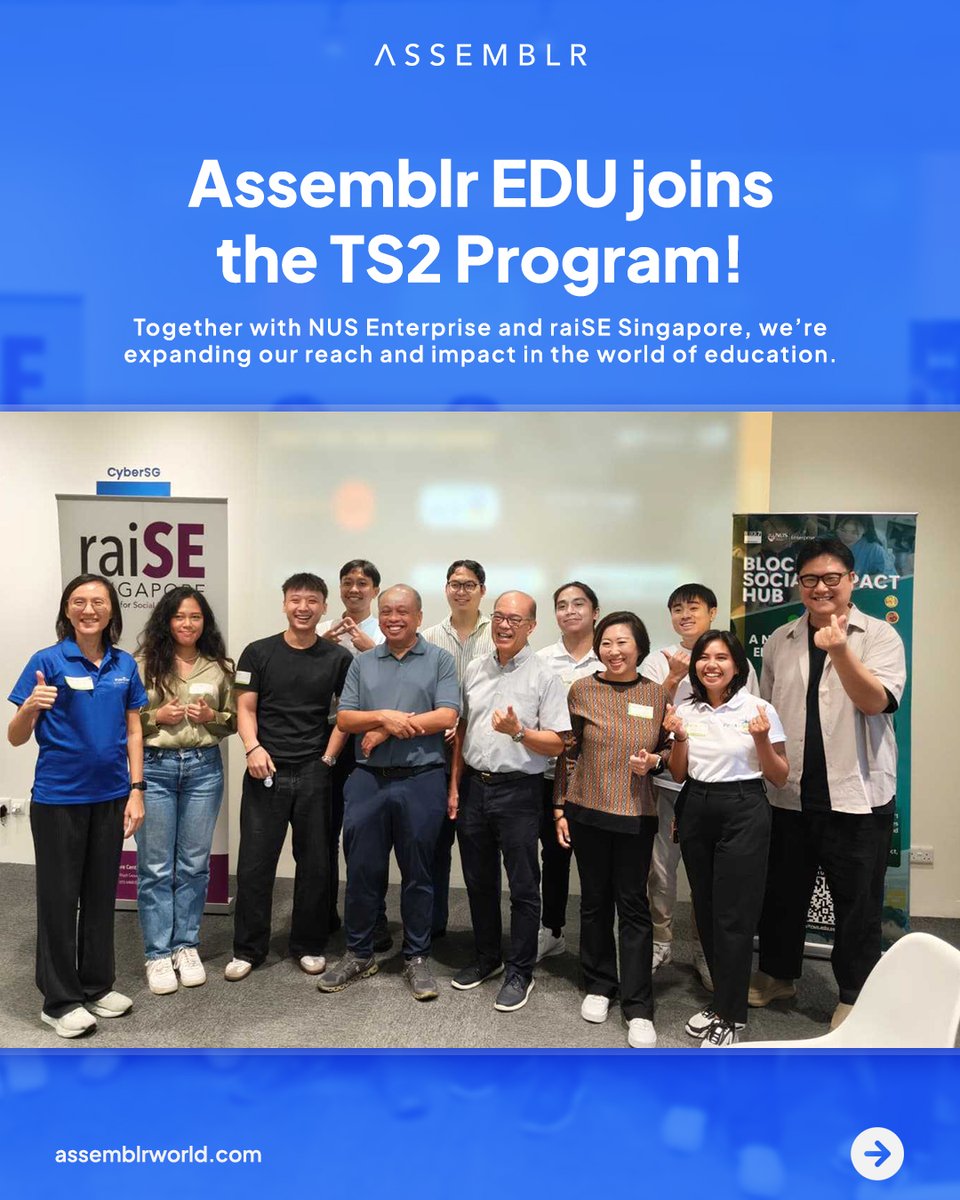 assemblrworld's tweet image. We’ve taken a big step forward in our mission to make learning more engaging, accessible, and impactful for teachers and students everywhere by joining the TS2 Program! 🎉

#AssemblrEDU #TS2Program #NUSEnterprise #raiSESingapore #EdTech #ARinEducation #SocialImpact