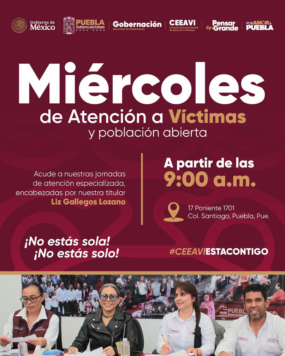 Comisión de Atención a Víctimas Puebla (@ceeavigobpue) on Twitter photo #PorAmorAPuebla 🫶 | A través del <a href="/Gob_Puebla/">Gobierno de Puebla</a> , te invitamos a participar en las Jornadas de Atención a Víctimas.
Cada miércoles, nuestra titular <a href="/LizLizGallegos/">Liz Gallegos</a>, encabeza las Jornadas de Atención Especializada, dirigidas a víctimas y población abierta. #PorAmorAPuebla 🫶 | A través del <a href="/Gob_Puebla/">Gobierno de Puebla</a> , te invitamos a participar en las Jornadas de Atención a Víctimas.
Cada miércoles, nuestra titular <a href="/LizLizGallegos/">Liz Gallegos</a>, encabeza las Jornadas de Atención Especializada, dirigidas a víctimas y población abierta.