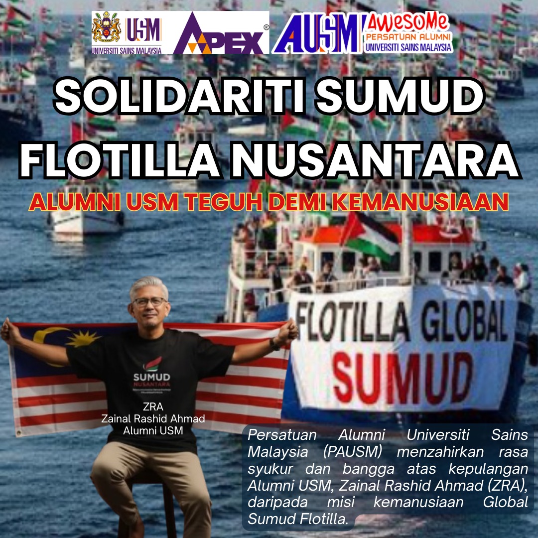 AlumniUSM's tweet photo. PAUSM menzahirkan rasa syukur dan bangga atas kepulangan Alumni USM, Zainal Rashid Ahmad (ZRA), daripada misi kemanusiaan Global Sumud Flotilla ke Palestin.

Semoga keberanian dan dedikasi beliau menjadi inspirasi kepada semua Alumni USM dan rakyat Malaysia. https://t.co/ZHzJJfvScC