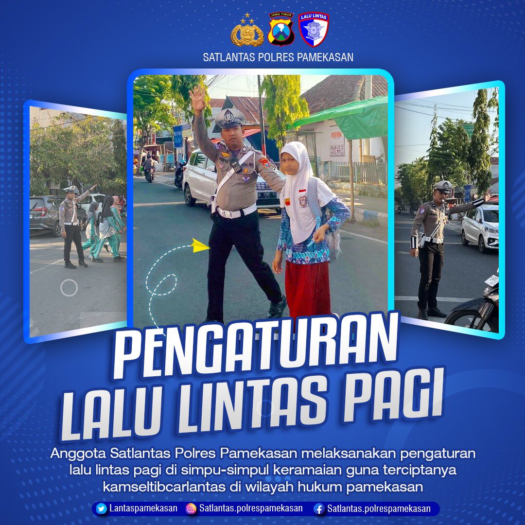 SSatlantas's tweet photo. PENGATURAN ARUS LALU LINTAS PAGI

Kegiatan yang rutin dilakukan oleh Anggota Satlantas Polres Pamekasan yaitu kegiatan pengaturan arus lalu lintas di simpul-simpul jalan di Wilayah Kabupaten Pamekasan demi terciptanya Kamseltibcarlantas
.

#POLRI DEKAT &amp; BERSAHABAT https://t.co/bxfYFI8nk9
