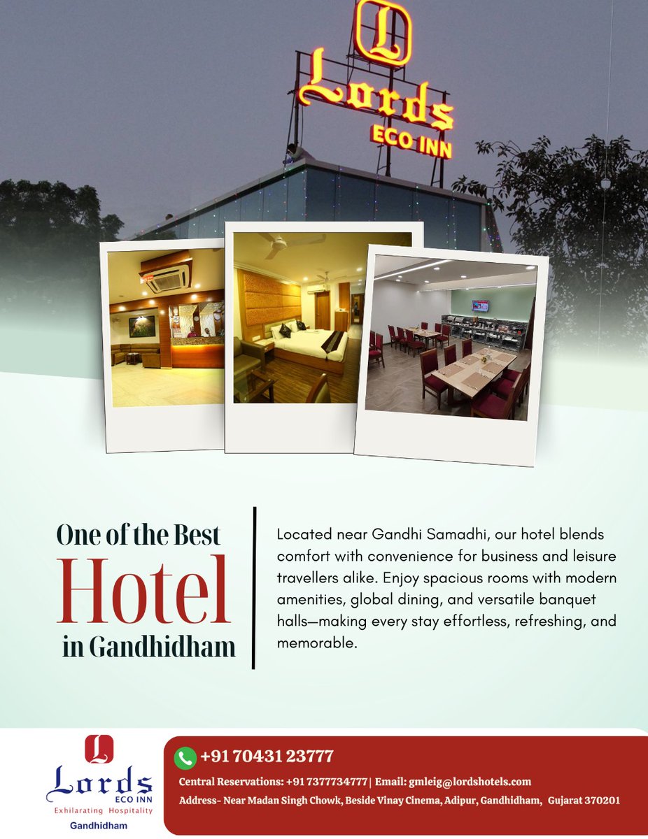 LordsEco's tweet photo. Discover one of the Best Hotels in Gandhidham! 🌟

Lords Eco Inn, Gandhidham, blends comfort with convenience, located near Gandhi Samadhi. Enjoy spacious rooms, modern amenities, global dining, and versatile banquet halls. We make every stay effortless https://t.co/MrJwYbE4Ih