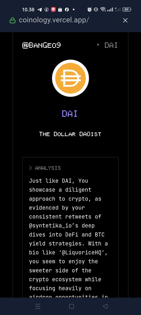 BanGeo9's tweet photo. According to my twitter data, I give $DAI vibes.
Bullish?
Try Coinology on https://t.co/76aCbsaD27. 
@vana
#datarevolution https://t.co/2UoUX5Tisv