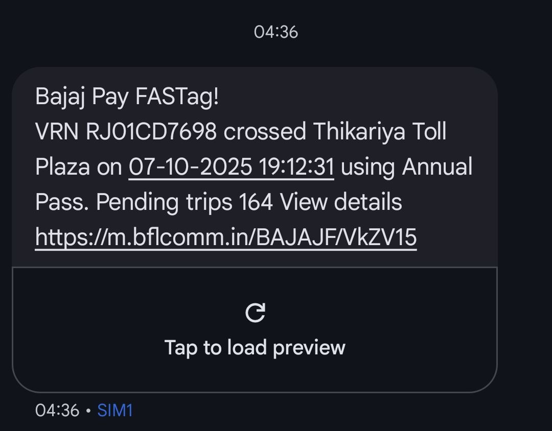 sunilmjadam's tweet photo. @Bajaj_Finserv @fastagofficial @NHAI_Official @nitin_gadkari @MORTHIndia @ANI Wrong tolls deducted for my car RJ01CD7698 (Kishangarh &amp; Thikariya – 07/10/25).
Car didn’t travel! Customer care takes only 1 toll complaint &amp; refunds ₹15 instead of restoring annual pass trips. https://t.co/TkgDq5uxRj