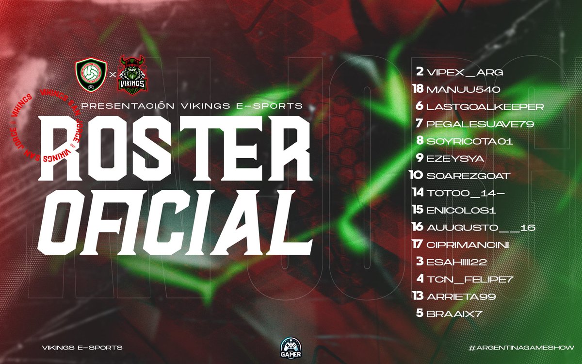 🔥 ROSTER OFICIAL – VKG SAN JORGE E-SPORTS 🔰

Con orgullo presentamos al equipo que nos representará en la <a href="/ArGameShow/">AGS Visa 🎮🕹️</a> 🎮
Un grupo con talento, pasión y hambre de gloria, listos para dejar a San Jorge y a Vikings E-Sports en lo más alto. 💪⚔️

💚 Unidos por una misma esencia.