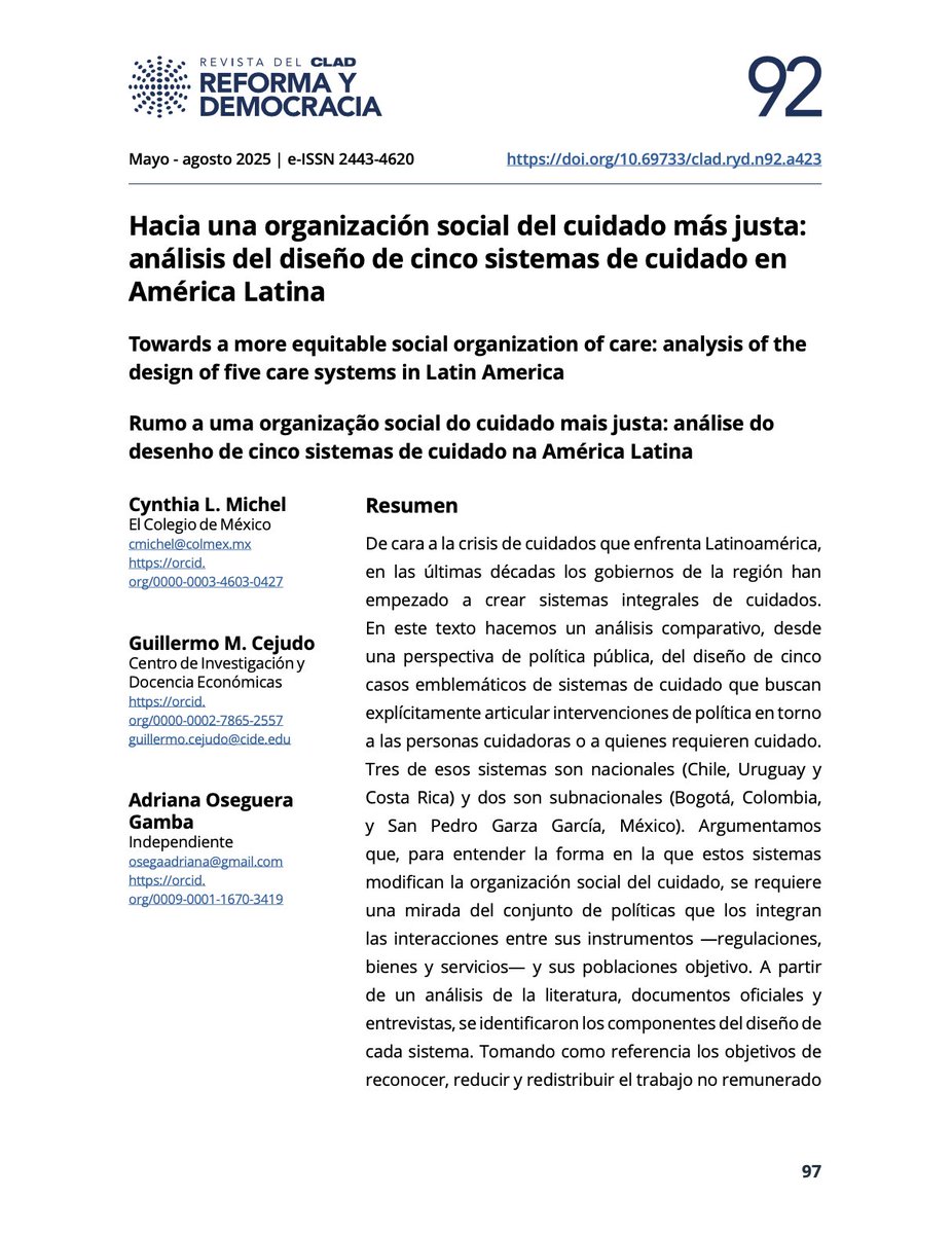 Nuevo artículo

Con <a href="/cinMichel/">Cynthia Michel</a> y <a href="/AdrianaOG/">Adriana Oseguera Gamba</a> continuamos nuestra investigación sobre sistemas de cuidados en América Latina y sobre cómo las políticas que los integran buscan modificar la forma en la que se produce y distribuye el cuidado en la sociedad.

revista.clad.org/ryd/article/vi…