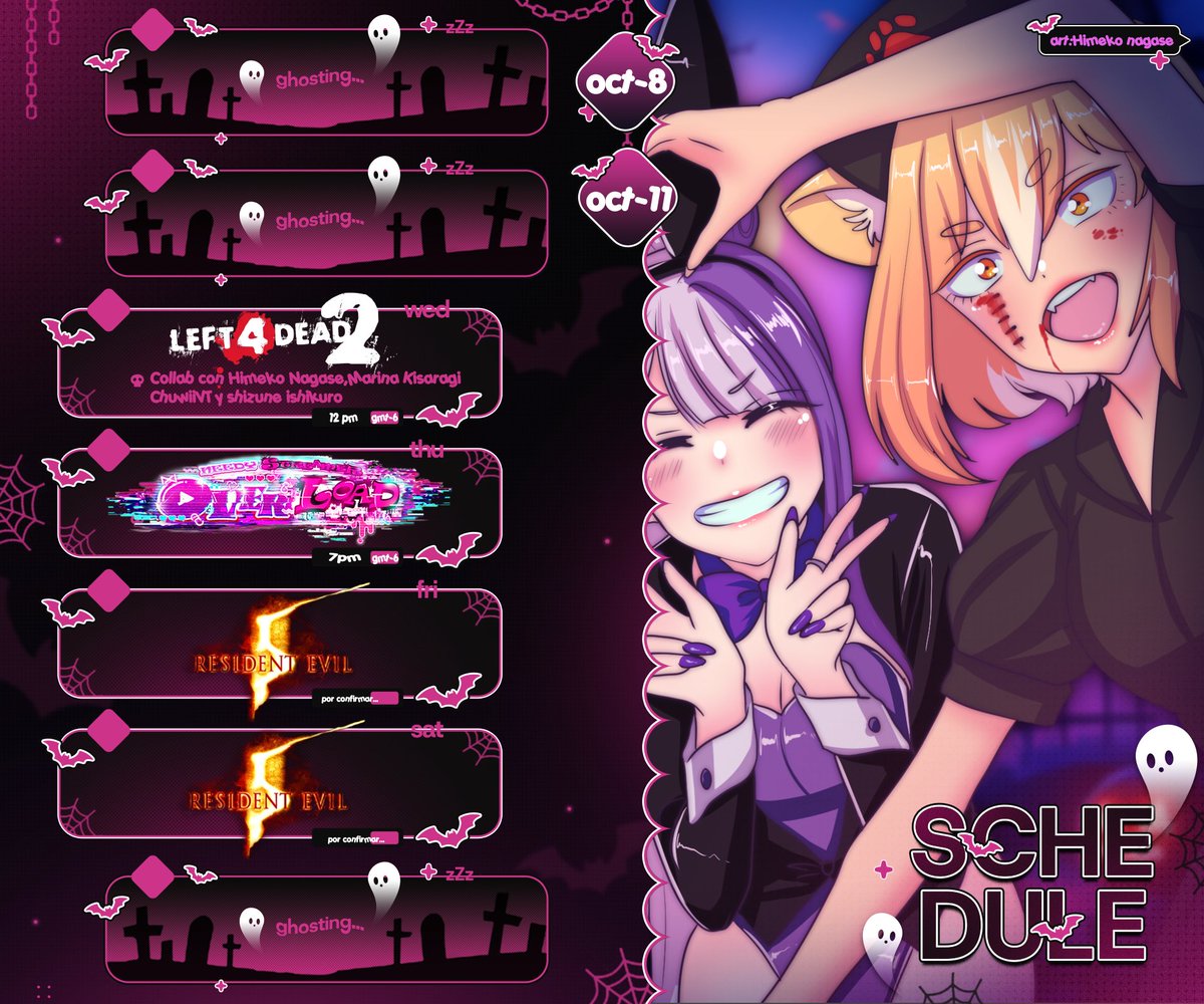 Nyahallo calendario de streams de esta semana,tenemos collab con <a href="/HimekoYandere/">Himeko Nagase🐈✨ 【YandereLive】</a> <a href="/ShizuneIshikuro/">Shizune Ishikuro ~【YandereLive】</a> en YT en el canal de Himeko y <a href="/ChuwiiVT/">ᗢ Chuwii ᗢ【⛩ N E K O H U M A N🐾】</a> <a href="/MarinaMusic_723/">Marina Kisaragi♪✨歌い手/Vsinger</a> y yo en twitch!
 ✨Queda pendiente confirmar horario de Re5
- - - - - 
✨schedule credits:@ / l__gfx
#VtuberES #Tapiokatoday