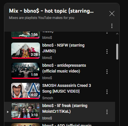 Just listening to a <a href="/bbnomula/">bbno$ 👶🚫💰</a> mix chillin got a <a href="/smosh/">Smosh</a> legendary AC3 mv, when is the collab?