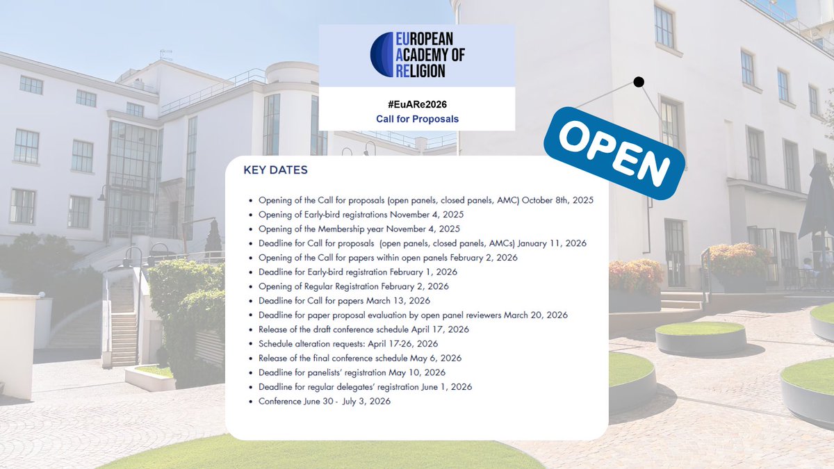 NOW OPEN: #EuARe2026 Call for Proposals 🎉

#Panels must have title, abstract, and ≥3 agreed panelists (1 chair + ≥2 speakers), from ≥2 institutions.
Formats: Closed, Open, Author Meets Critique.
📍In-person only.

📑Guidelines: shorturl.at/Vu3pm

#CFP #Conference #Rome