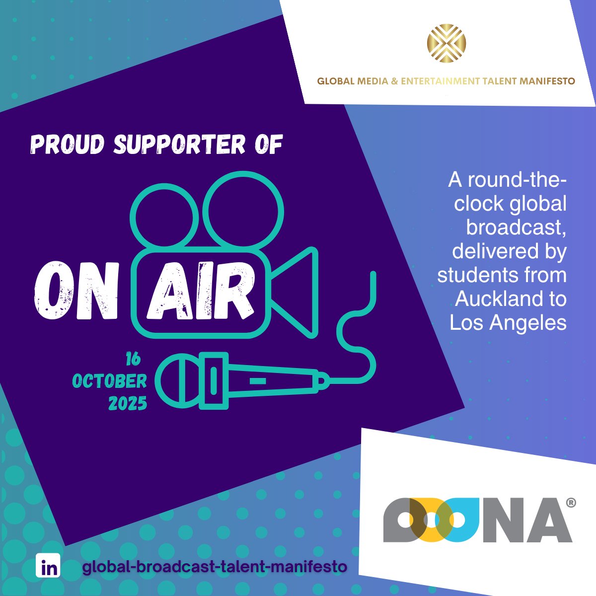 OOONA (@ooona13) on Twitter photo β° Just 8 days to go!
π 26 hours. Students from Sydney to LA.
ποΈ On Air β the worldβs largest student broadcast β goes live soon.
Proud to support the Media Talent Manifesto and the next generation shaping our industry.
#OnAir25 #BroadcastTech #MediaTalent #Localization <a href="/Ooona13/">OOONA</a> β° Just 8 days to go!
π 26 hours. Students from Sydney to LA.
ποΈ On Air β the worldβs largest student broadcast β goes live soon.
Proud to support the Media Talent Manifesto and the next generation shaping our industry.
#OnAir25 #BroadcastTech #MediaTalent #Localization <a href="/Ooona13/">OOONA</a>