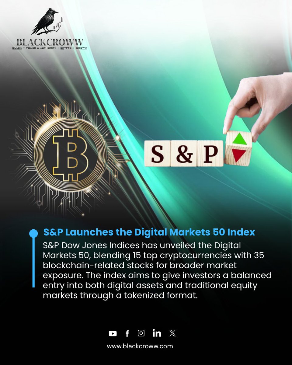 blackcroww_com's tweet image. 🚀S&amp;amp;P Enters the Crypto Era!
S&amp;amp;P Dow Jones just launched the Digital Markets 50 Index, blending the power of 15 top cryptocurrencies with 35 blockchain-related stocks. 
#CryptoNews #SPIndex #Blockchain #Investing #Blackcroww #CryptoMarket #Web3