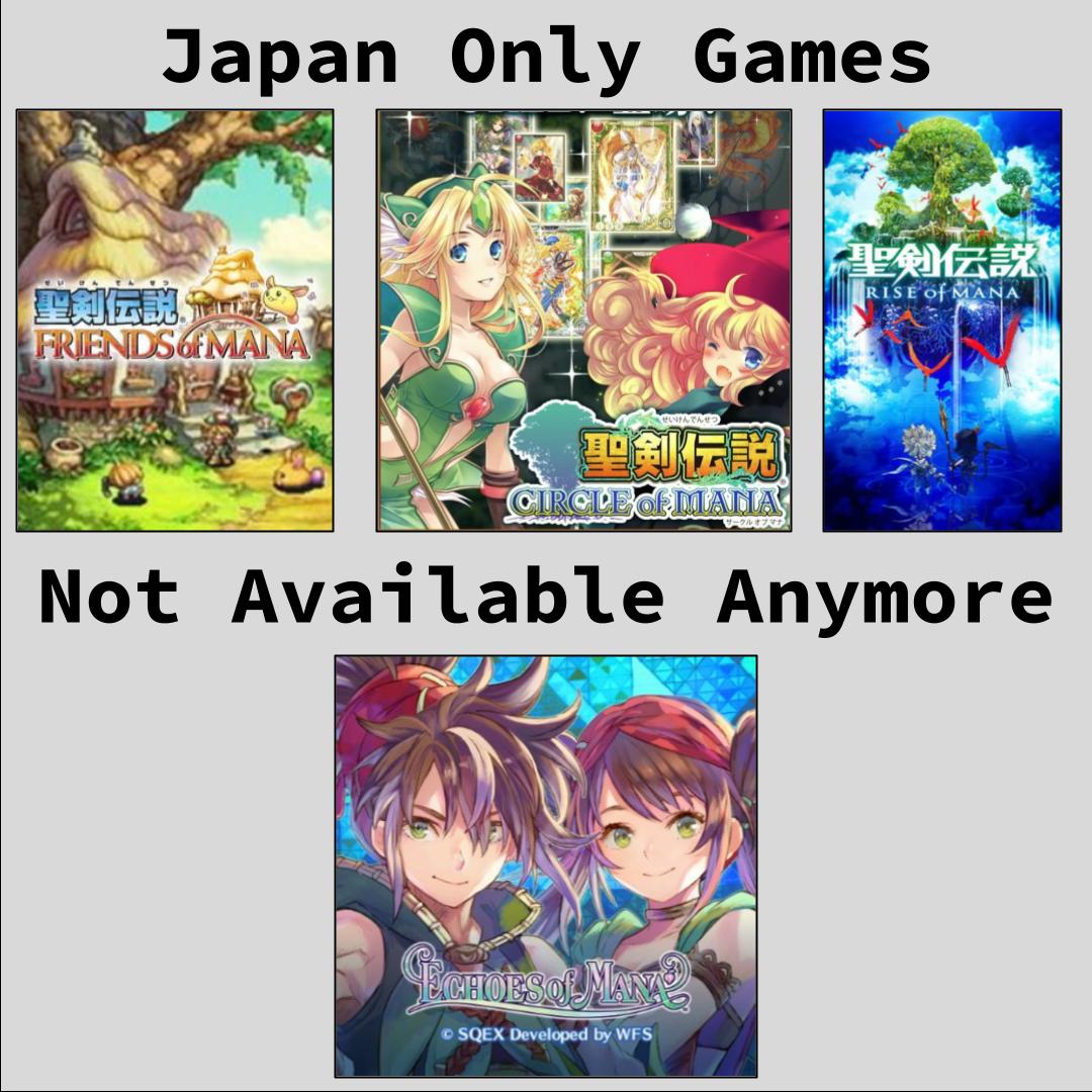 SethHaskellLive's tweet photo. A bunch of games were Japan only, or defunct mobile games. I played Echoes of Mana for a bit but I bounced off quick because that mobile gameplay loop isn't fun for me. https://t.co/s6PKmza6aa