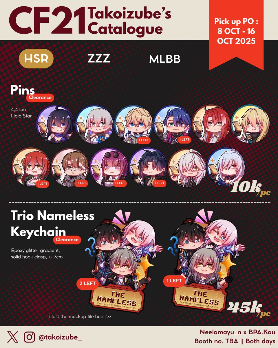 ❤️ &amp; 🔁 appreciated!
Takoizube’s #CF21 pickup pre-orders is open!

⭐️ Fandom : HSR, ZZZ, MLBB 

📅 8-16 Oct ‘25 (23.59)
⚠️ Pick up only!
📌 Neelamayu_n x BPA.KAU (no. booth TBA) 
⛓️‍💥Link below ⬇️

#comifuro21 #cf21catalogue #cf21catalog #CFXXI #CFXXIcatalogue

(1/3) HSR
