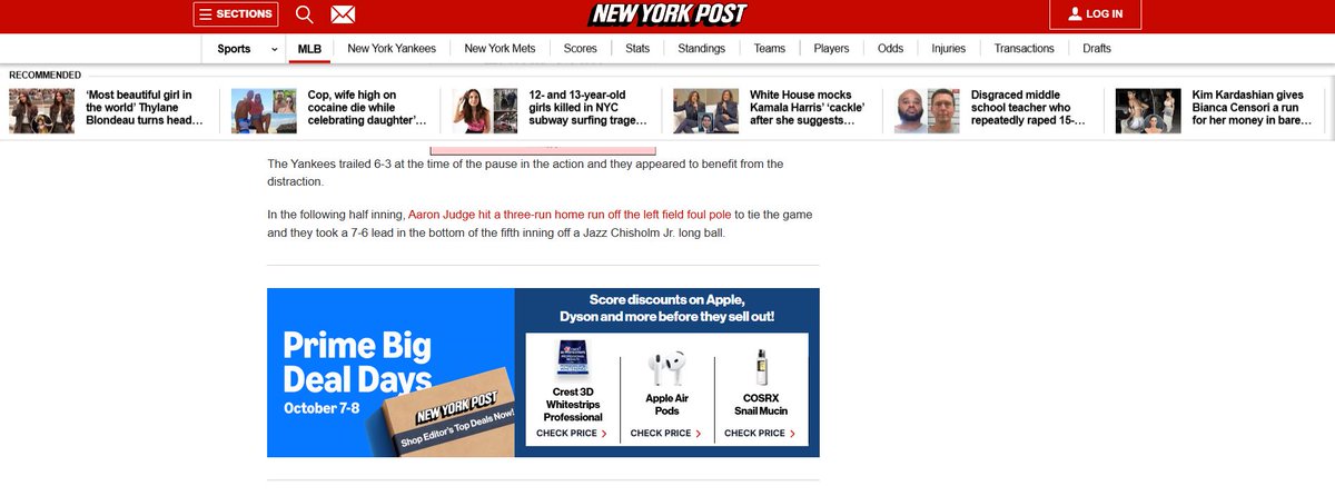 legends
"The Yankees trailed 6-3 at the time of the pause in the action and they appeared to benefit from the distraction
In the following half inning, Aaron Judge hit a 3 run home run off the left field foul pole to tie the game &amp; they took a 7-6 lead in the bottom of the 5th."