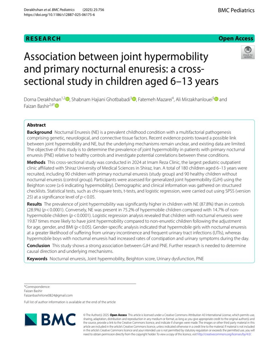 In our recent study, we looked at whether children with bedwetting (primary nocturnal enuresis) are more likely to have joint hypermobility by evaluating Beighton score. 

We used univariate and multivariate statistical analysis.

Check the full paper at link.springer.com/article/10.118…
