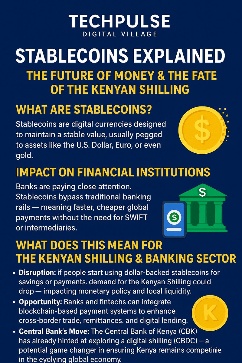 TechPulseken's tweet image. 🚀 Stablecoins: The Future of Money in Kenya 🇰🇪 Stablecoins are reshaping how we move money — fast, borderless &amp;amp; stable. But what does that mean for Kenya’s Shilling &amp;amp; banks? 💱 Disruption: Dollar-backed coins could reduce demand for KES.

#DigitalFinance #KenyaFintech