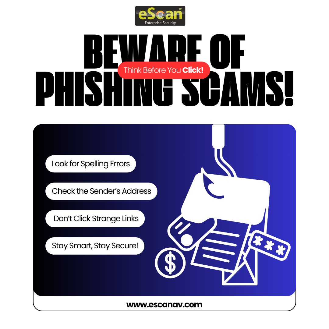escan_tweet's tweet photo. 🛡️ eScan Cybersecurity Awareness: Stay One Step Ahead of Phishing Scams! 🛡️

💡 Remember: Cybersecurity starts with caution. Don’t get caught in the bait—think, verify, and stay protected!

#CyberSecurity #Awareness #PhishingAlert #StaySafeOnline #eScanSecurity https://t.co/I7cCT7Dmcx