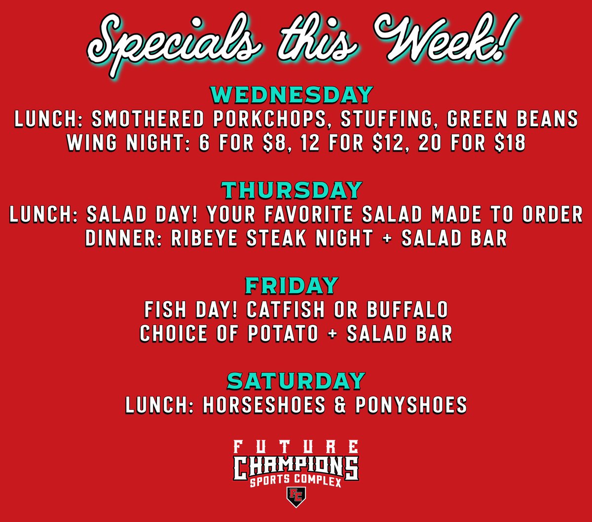 We’d love to see you this week at Future Champions for lunch or dinner! Order off the menu or try these delicious specials … ✨ #FutureChampions #JacksonvilleIL #weeklyspecials