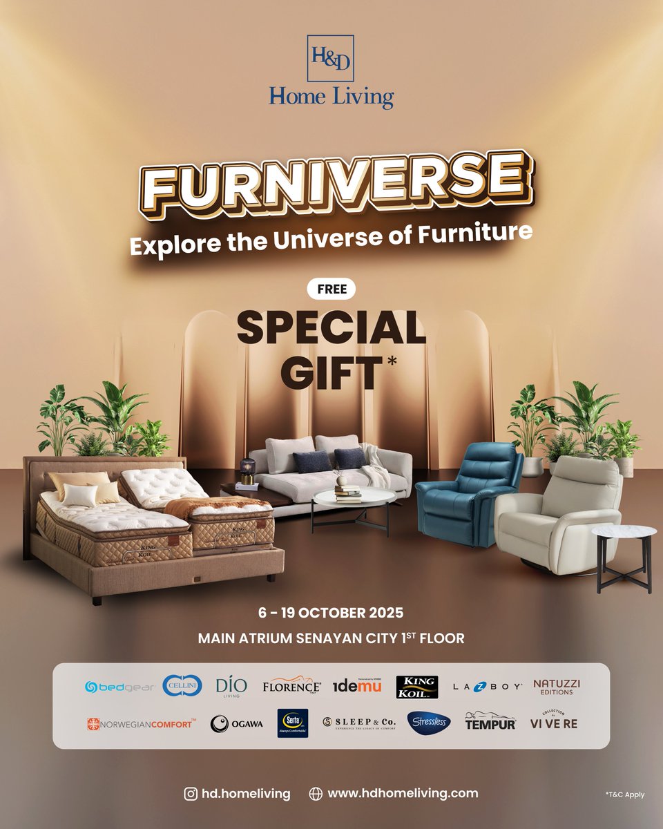 senayancity's tweet image. FURNIVERSE – Explore the Universe of Furniture
Good news for all furniture &amp;amp; home decor lovers!

Discover the best sofas, comfortable beds, recliners, stylish tables, and beautiful home decor that perfectly fit your lifestyle.
📍 Until 19 October 2025 at Main Atrium 
#SENAYANCITY