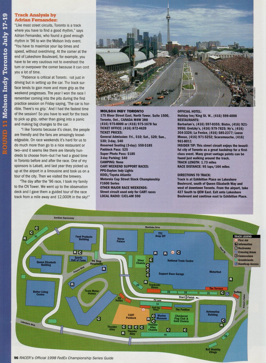 ChampCar4Ever (@champcar4ever) on Twitter photo A track analysis by🇲🇽 Adrian Fernandez of the Toronto street course. 
Taken from the 1998 Racer Official FedEx Championship Series Guide.
Map illustration by Paul Laguette. A track analysis by🇲🇽 Adrian Fernandez of the Toronto street course. 
Taken from the 1998 Racer Official FedEx Championship Series Guide.
Map illustration by Paul Laguette.