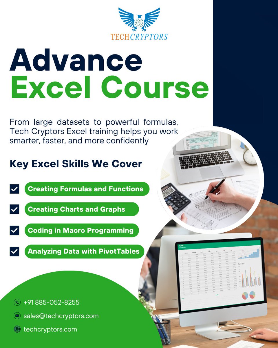 TechCryptors's tweet image. Master the power of Excel with Tech Cryptors Advance Excel Course💻
📞wa.me/918850528255
📧sales@techcryptors.com
🌍techcryptors.com
#AdvanceExcel #ExcelCourse #ExcelTraining #PivotTables #ExcelFormulas #BestITTrainingCourse #ITTraining #TechCryptors