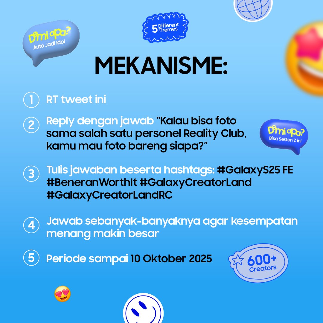 DEMI APAAA para Goddess Rockstar bisa nonton Reality Club paling depan????

#GalaxyS25 FE mau bagi-bagi 20 tiket VIP Pass #GalaxyCreatorLand untuk tanggal 12 Oktober nanti.

Langsung aja ikutan #GalaxyCreatorLandRC dengan cek caranya 👇

Periode sampai 10 Oktober.