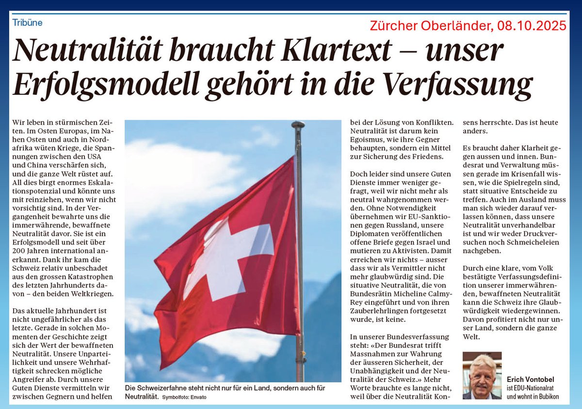 Heute im ZO: Meine Meinung zur #Neutralität. Die situative Neutralität verwässert, was uns stark gemacht hat. Nur eine klare, bewaffnete und verfassungsfeste Neutralität sichert unsere Glaubwürdigkeit. #EDU