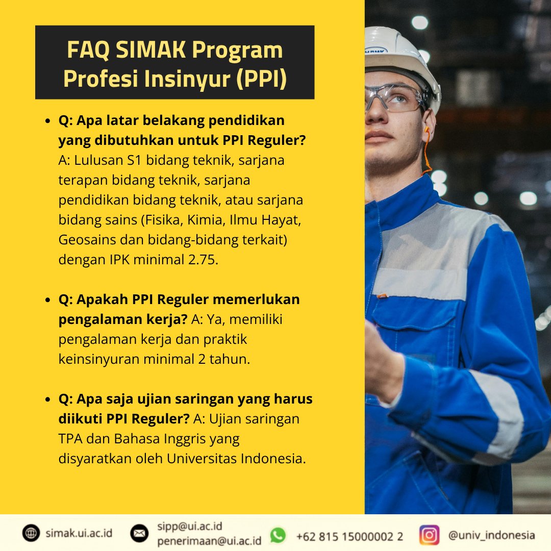 SIMAK_UI's tweet image. Untuk para pejuang Program Profesi Insinyur! Sudah tahu bedanya syarat PPI Reguler dan PPI RPL? 

Jangan khawatir! Kami sudah merangkum FAQ-nya dalam infografis berikut, SIMAK baik-baik ya!

Selengkapnya: enrollment.ui.ac.id/berita